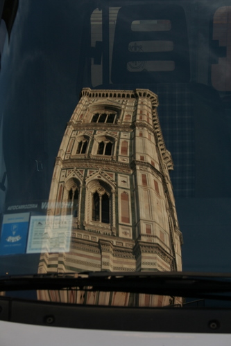 Giotto's campanile (bell tower) reflected in windscreen,  Firenze (Florence), Italy