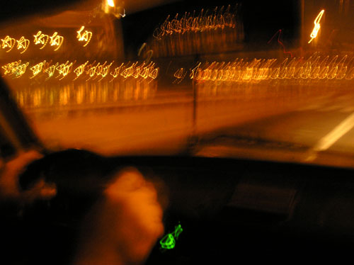 High speed driving in white Trabant, Budapest Hungary